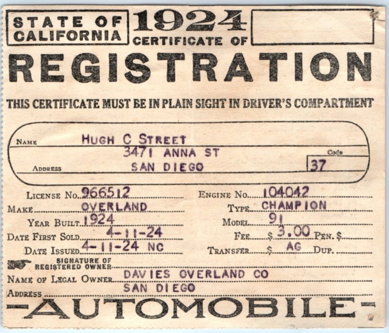 1924 California Certificate of Car Registration Card Automobile Overland 91 2D