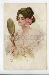 429083 BELLE w/ Mirror by Harrison FISHER Vintage russian Fedorov postcard