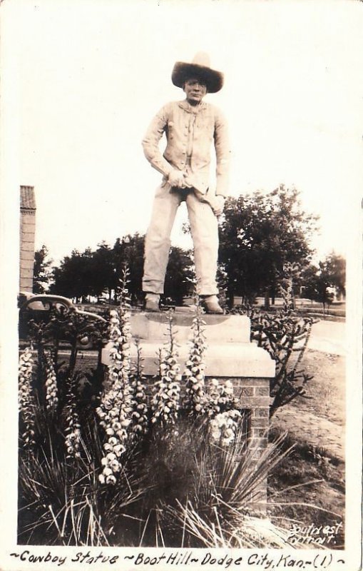 Postcard RPPC Cowboy Statue Boot Hill Dodge City Kansas