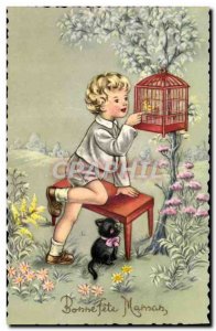 Old Postcard Fun Children Cat Kitten Bird