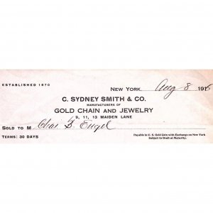 1916 NEW YORK C. SYDNEY SMITH & CO GOLD JEWELRY MAIDEN LN BILLHEAD INVOICE Z165