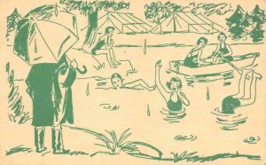 Girl Scouts Camp Comic Swimming Rain Canoe Umbrella c1940s Vintage Postcard