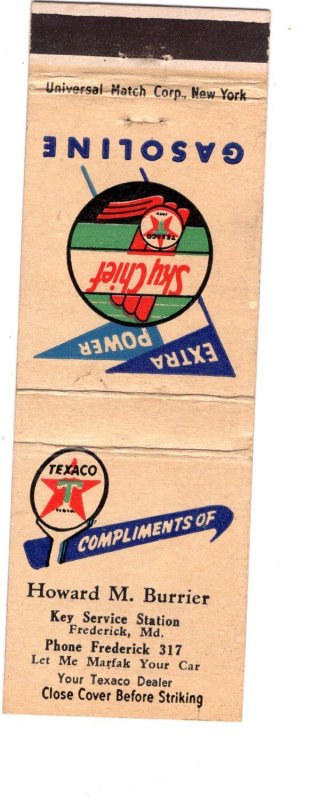 Sky Chief Gasoline Texaco, Howard M Burrier, Frederick Maryland, Matchbook Cover