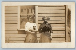 c1910's Mother And Child With Cat Kitten House Scene RPPC Photo Antique Postcard