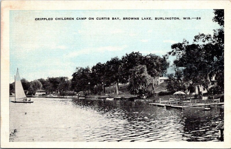 Crippled Children Camp on Curtis Bay, Browns Lake Burlington WI Postcard Q63