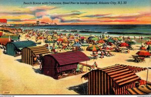 New Jersey Atlantic City Beach Scene With Cabanas & Steel Pier In Background ...