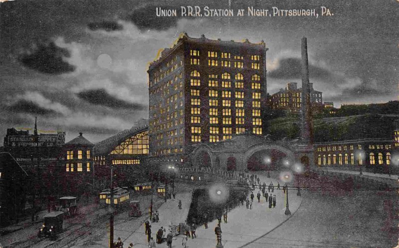 Union Pennsylvania Railorad Depo Night Pittsburgh 1910c postcard