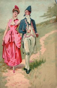 1880s-90s Victorian Dressed Man and Woman in Pink and Blue Meadow Trade Card
