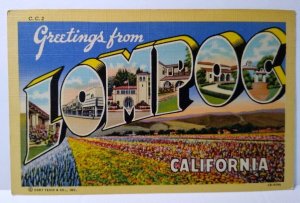 Greetings From Lompoc California Large Letter Linen Postcard Curt Teich Flowers