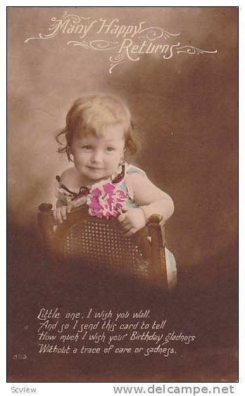 RP; Many happy Returns, Little Girl standing in chair, holding a flower, 00-10s