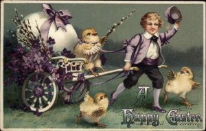 Easter Fantasy Little Boy Pulling Chicks in Cart c1910 Vintage Postcard