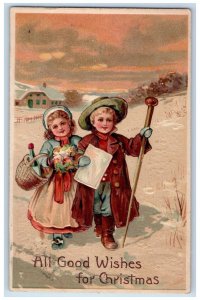 1908 Christmas Children Wine In Basket Flowers Winter Embossed Antique Postcard 