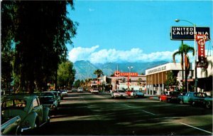 Postcard CA Greetings from Ontario Downtown Street Bank Gas Station 1973 V198