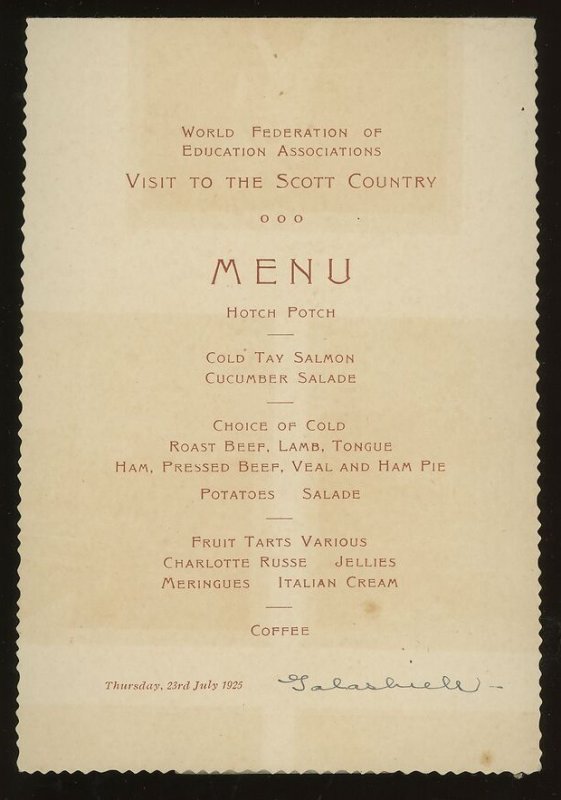 1925 MENU WORLD FEDERATION OF EDUCATION ASSOCIATIONS VISIT SCOTT COUNTRY 18-20 