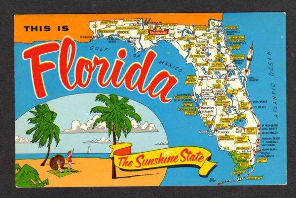 FL State Map FLORIDA Postcard PC Bradenton Ocala Starke Miami Jacksonville