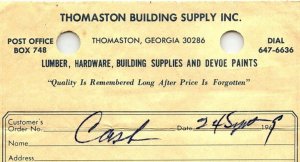 1969 THOMASTON GA THOMASTON BUILDING SUPPLY  INVOICE Z899