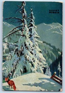 Russia Postcard Winter Scene Tree Fox Fence Soviet c1910 Unposted Antique