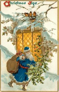 Embossed Christmas Tuck Holly Postcard 100 Blue Robe Santa Claus With Tree Birds