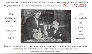 Postcard LA New Orleans The Restaurant Antoine Waiter Pouring Wine 1938 V201