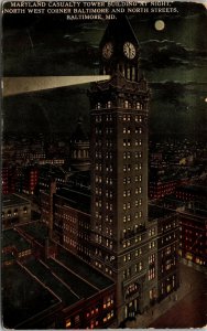 Vtg Baltimore MD Maryland Casualty Tower Building at Night 1910s Postcard