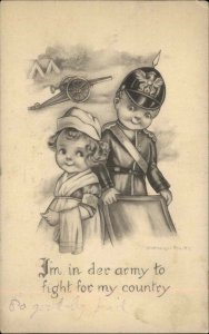 WWI Little Girl Nurse Little Boy Prussian Military Helmet Vintage Postcard