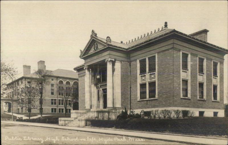 Hyde Park MA Library & High School c1910 Real Photo Postcard