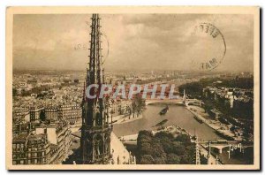 Old Postcard Paris while strolling Panoramic view taken Towers of Notre Dame