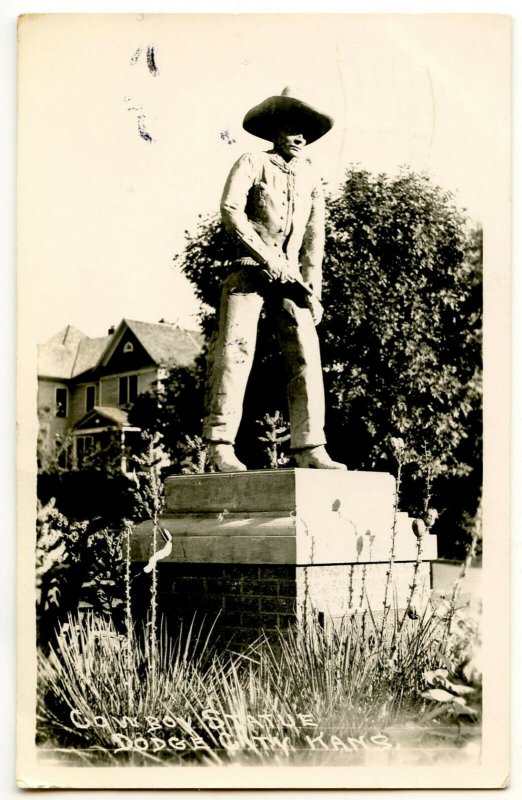 Cowboy Statue Dodge City Kansas Vintage Real Photo Postcard Standard View Card 