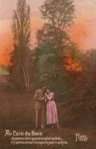 VINTAGE POSTCARD AT THE CORNER OF THE WOODS COUPLE ROMANTIC POSE MAILED 1919