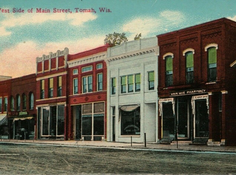 Tomah Wisconsin West Side of Main Street Van Wie Postcard