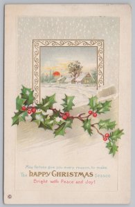 Christmas~Sunrise Over Snowy Town~Holly Berry~Gold~Embossed~Stecher 343F~1914 PC