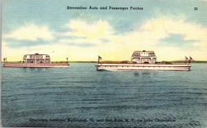 Steamline Auto Double Passenger Ferries Passing US Flags Lake Champlain Postcard 