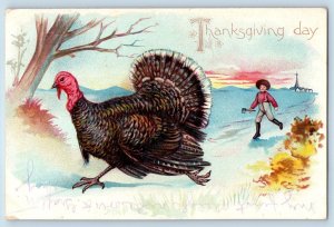 Thanksgiving Postcard Man With Hatchet Caching Turkey Embossed Tuck 1907 Antique