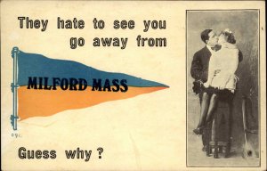 Milford Massachusetts MA Romance Couple Kissing Pennant Flag c1910 Postcard
