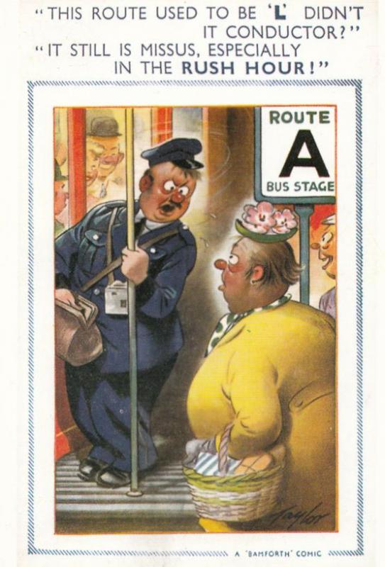 Lady Trying To Get Bus Conductor To Board Learner Plate Comic Humour Postcard