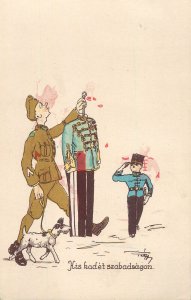 Little cadet on leave caricature military humor uniform artist post card Hungary