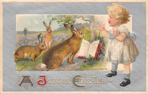 A Joyous Easter Little Girl W/ Rabbit Family, Winsch Vintage Postcard U4844