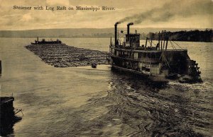 c .'08, Steamer, With Log Raft, On The Mississippi River, Message, Old Postcard