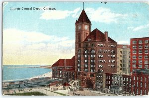 C1910 Postcard Illinois Central Depot Chicago IL Trains Station Lake Michigan