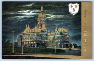 HARTFORD CONNECTICUT STATE CAPITOL BUILDING GOLD EMBOSSED COAT OF ARMS POSTCARD