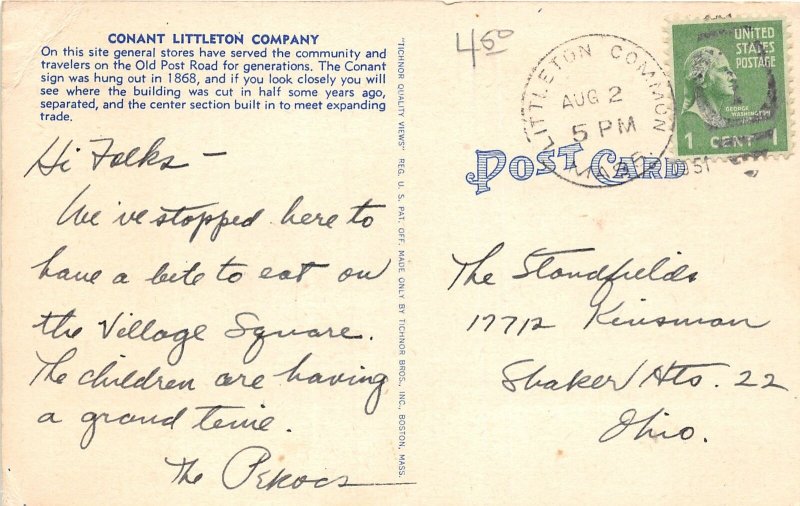 G45/ Littleton Common Massachusetts Postcard 1951 Conant Company Store