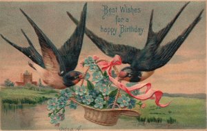 Vintage Postcard 1907 Best Wishes For A Happy Birthday Birds Forget Me Nots