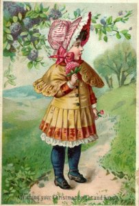 1870s-80s Lovely Christmas Girl In Bonnet With Flower Die Cut Victorian Card F20