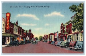 c1940 New Castle Street Looking North Classic Cars Brunswick Georgia GA Postcard