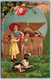 Vtg Little Girls Hiding in Gold Gilt Box Chest Dog Roses Embossed 1910s Postcard