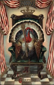 Thanksgiving Fantasy Regal Turkey on Throne American Flag c1910 Postcard