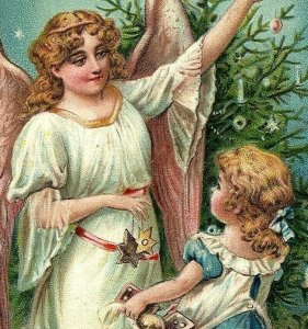 1906 Christmas Sisters Wings Postcard Cute Girls Tree Vtg Embossed Decorating