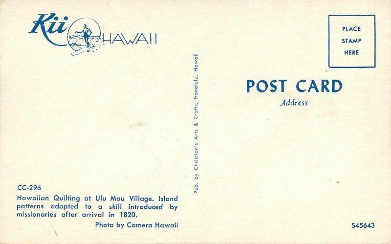 Vintage Postcard; Hawaiian Quilting at Ulu Mau Village, Hilo HI Unposted