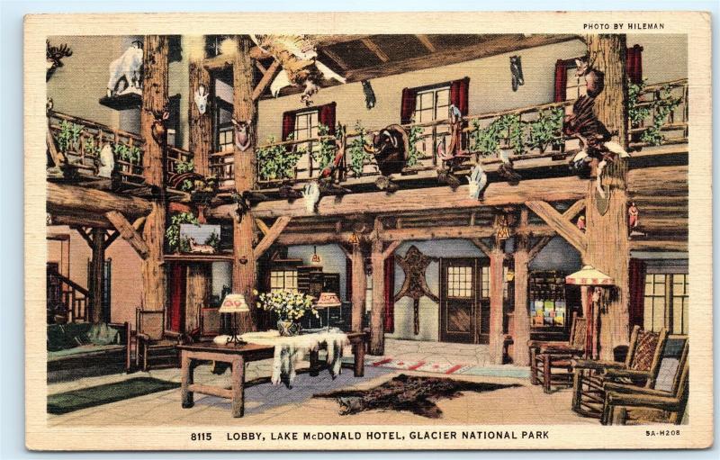 Lake McDonald Hotel Lobby Glacier National Park 1940s Vintage Postcard A83