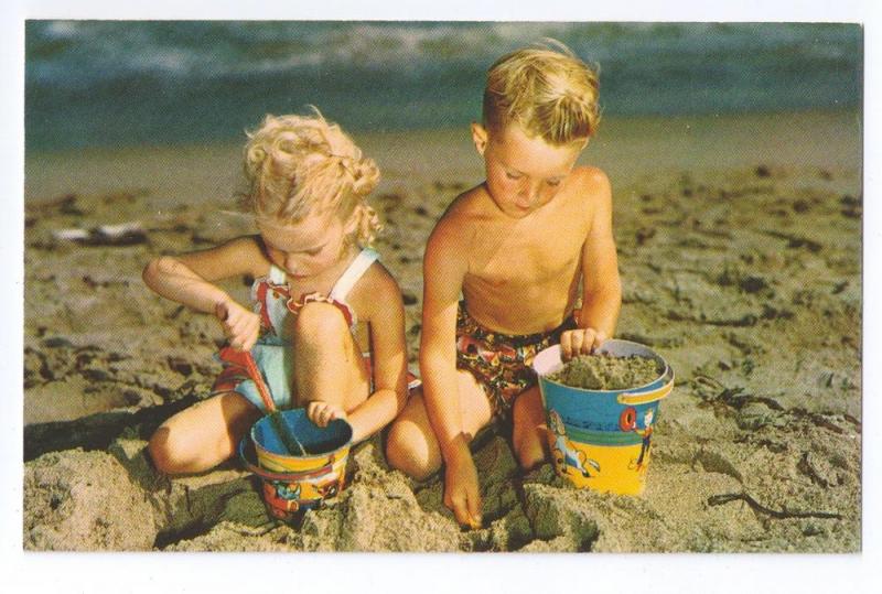 Children Boy Girl on the Beach Sand Diggers Tichnor Postcard